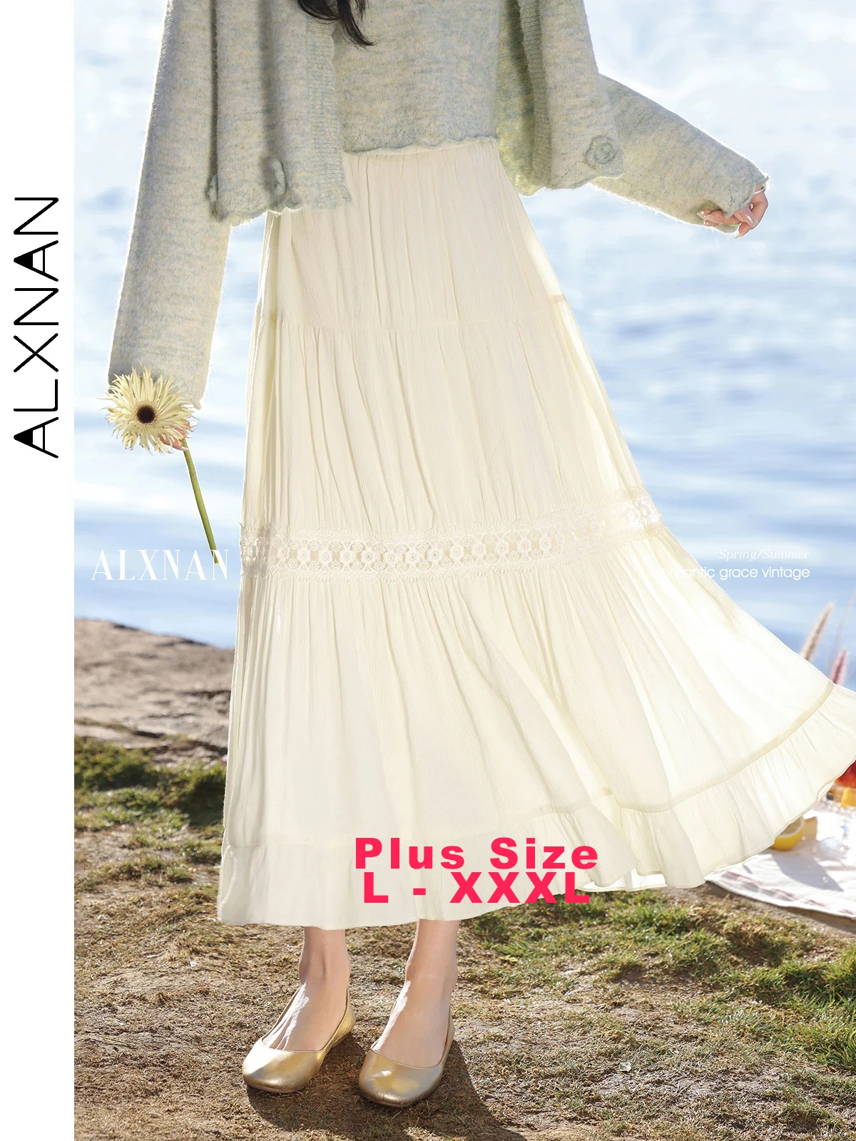 ALXNAN Plus Size French Long Skirt Women Summer Apricot A-line Pleated High-waist Skirts Casual Loose-fit Female Clothing D09157
