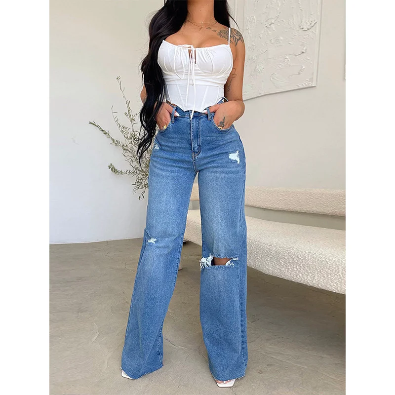 

High-Waisted Comfortable Wide-Leg Jeans Women's Long Perforated Rough-Edged 2026 Fashion Trendy Pants