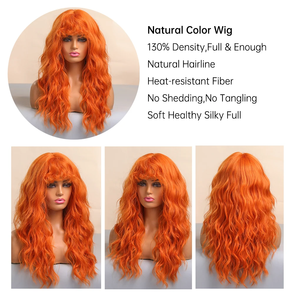 Cosplay Ginger Orange Długie kręcone peruki syntetyczne z grzywką Głębokie fale Lolita Włosy dla kobiet Halloween Impreza Codzienny Odporny na ciepło