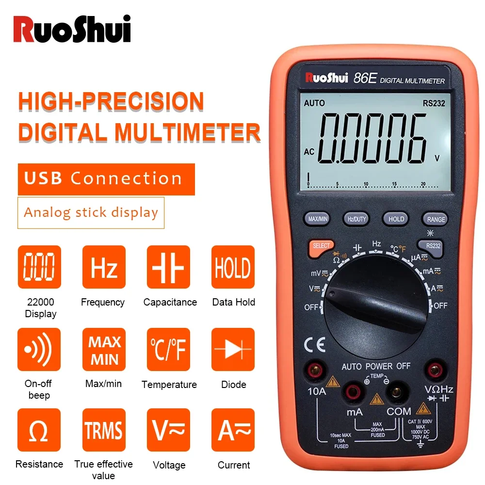 RUOSHUI 86 Digital Multimeter 22000 Counts Auto Range New Temperature Frequency Capacitor USB Tester Connect Transfer Polymeter