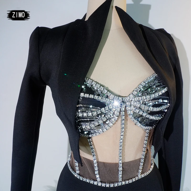Nuovo stile vestito reggiseno diamante nero 3 pezzi moda party club DS abiti di compleanno per le donne performance sul palco costume drag queen