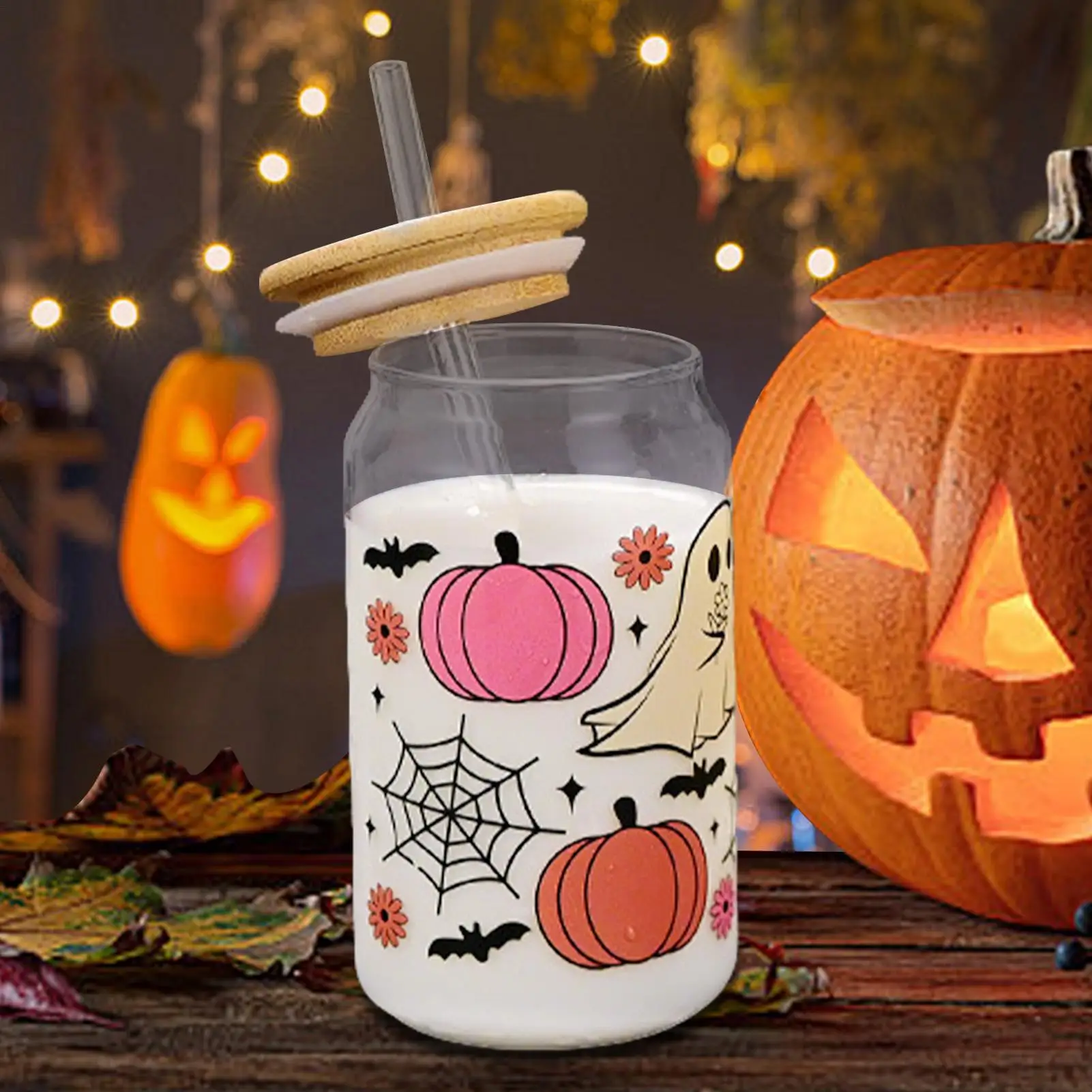 

Halloween Cups With Lids And Straws Kids Spooky Pumpkin Ghost Glass Mug 400ml Cute Tumbler Cups With Lids For Teens Kids Women
