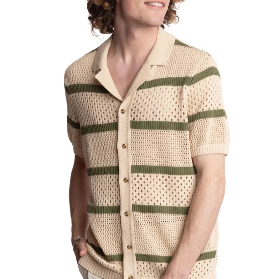 European American Summer Men Color-coded Striped Short Sleeve Turn-down Collar Knitted Hollow Out Simple Basic Shirt Cardigan