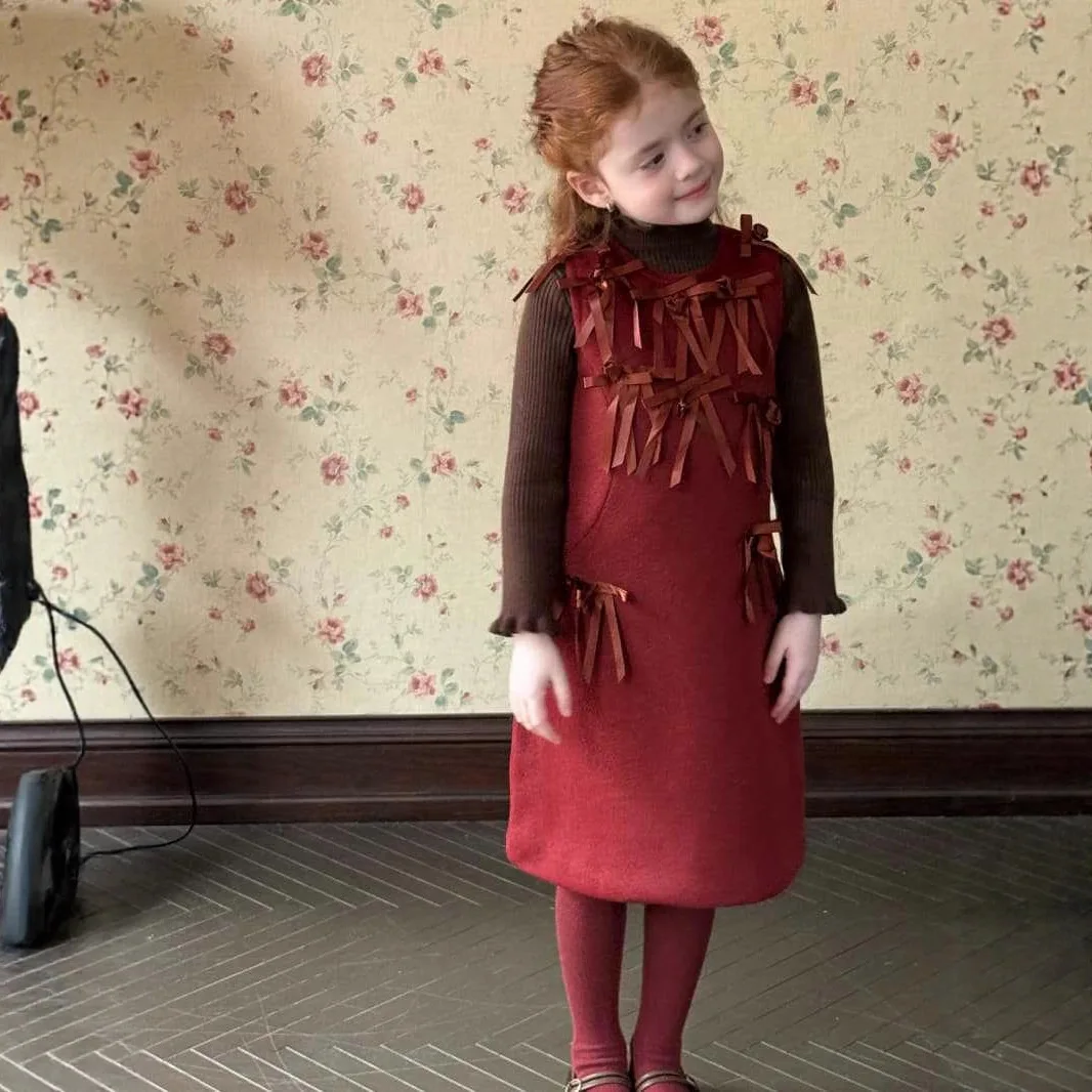 2025 خريف شتاء جديد الكورية الفتيات الصوفية القوس سترة تنورة الفتيات المخملية ملابس السنة الجديدة فستان