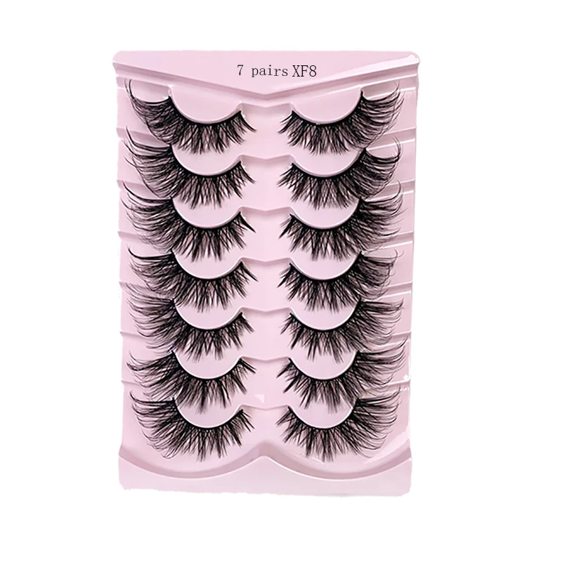 7 pairs of Fox Eye style black stem false eyelashes, fluffy and curled, reusable, with extended outer corners for daily makeup