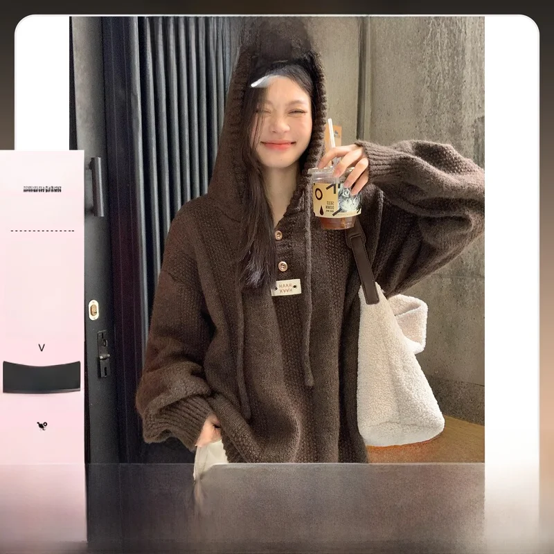 Loose Women's Knitted Hat Sweater Autumn Winter Lazy Style Coffee Color Outerwear Soft Long Sleeve Warmth Emitting Top