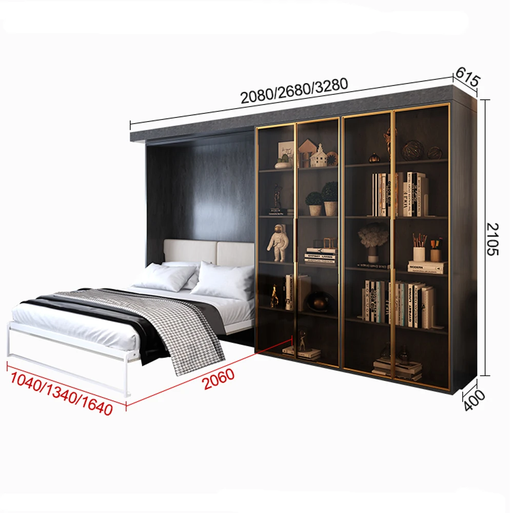 Bedroom study furniture foldable Vertical folding wall Murphy bed mechanism with cabinets bookcase Wardrobe Storage