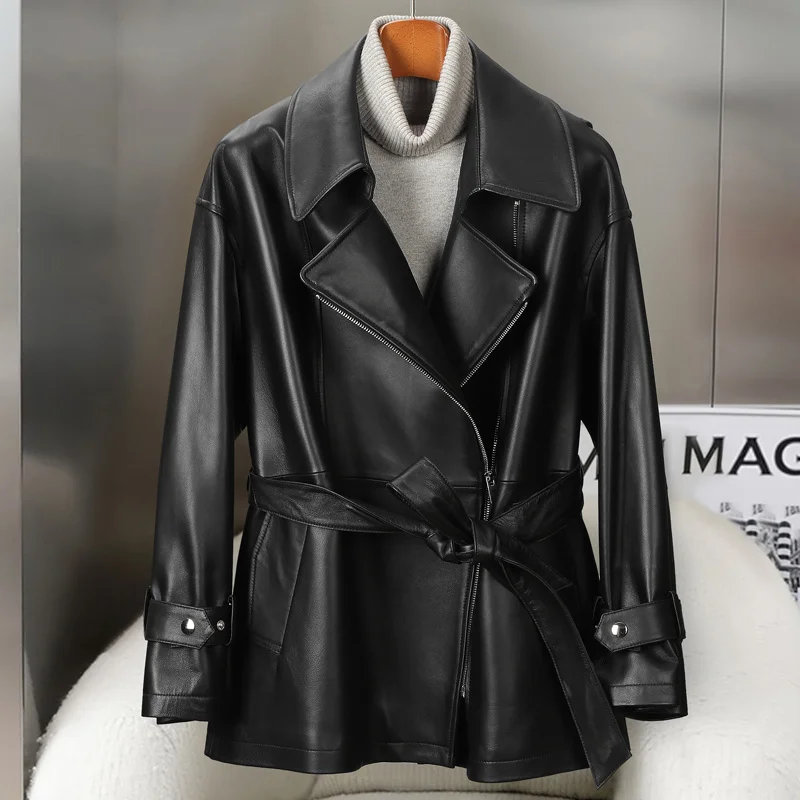 

Sheepskin windbreaker, genuine leather jacket, women's mid length coat, lapel loose profile leather jacket