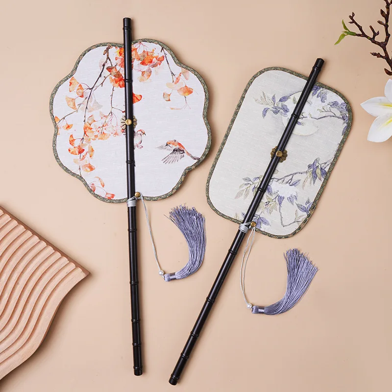 Chinese Style Long Handle Waist Fan with Rotatable Long Tassel Group for Hanfu Accessories Foldable Ancient Painting Design Outd