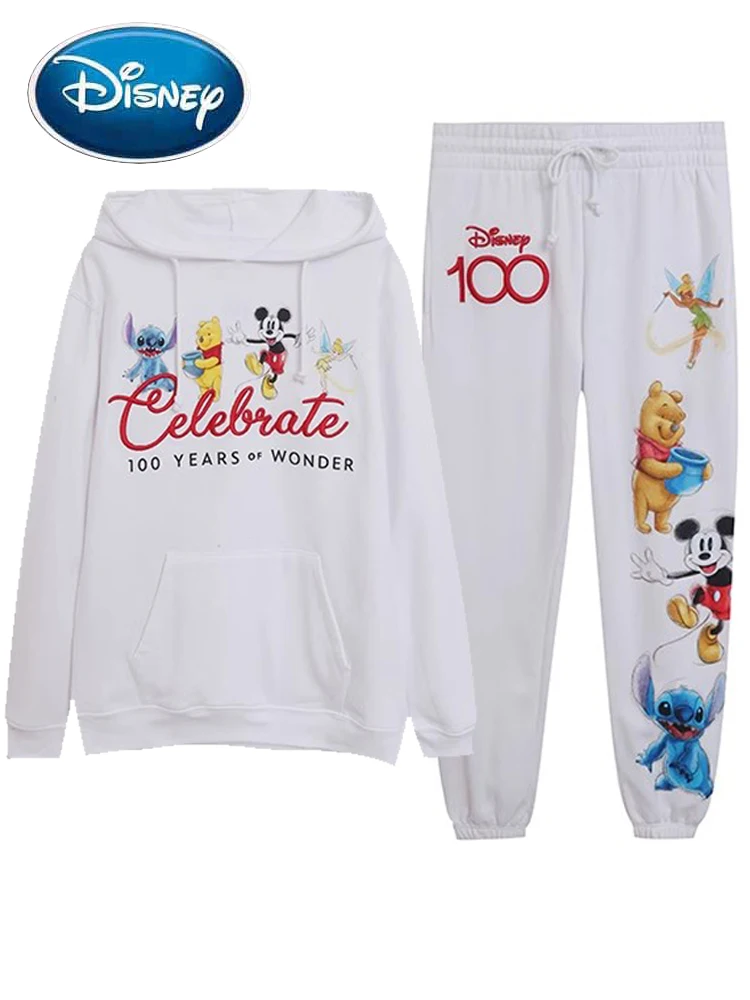 

Disney Sweatshirt 100th Years of Wonder Mickey Mouse Stitch Winnie the Pooh Print Embroidery Women Hooded Tops + Pants 1 Sets