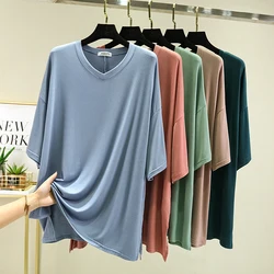 Modal V-Neck Tshirt short sleeves Solid color Women summer thin T-shirts Loose casual Tee Tops All match