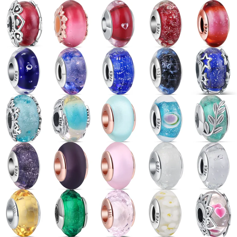 100% 925 Sterling Silver Colorful Murano Glass Sparkling Round Beads Fit Original Pandora Charms Bracelet Women DIY Jewelry Gift