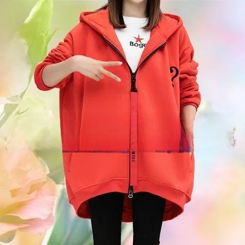 

Длинная толстовка с капюшоном на подкладке больших размеров, женская верхняя одежда, корейская повседневная свободная посадка для похудения, модная 300, сум, Capaci