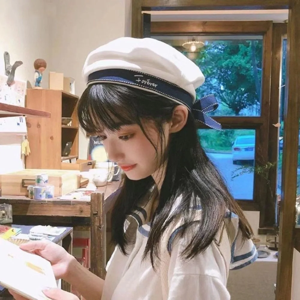 Fashion Sweet White Sailor Hat Bowknot Letter Embroidery JK Beret Cap Uniform Cap Korean Style Octagonal Cap Spring Summer