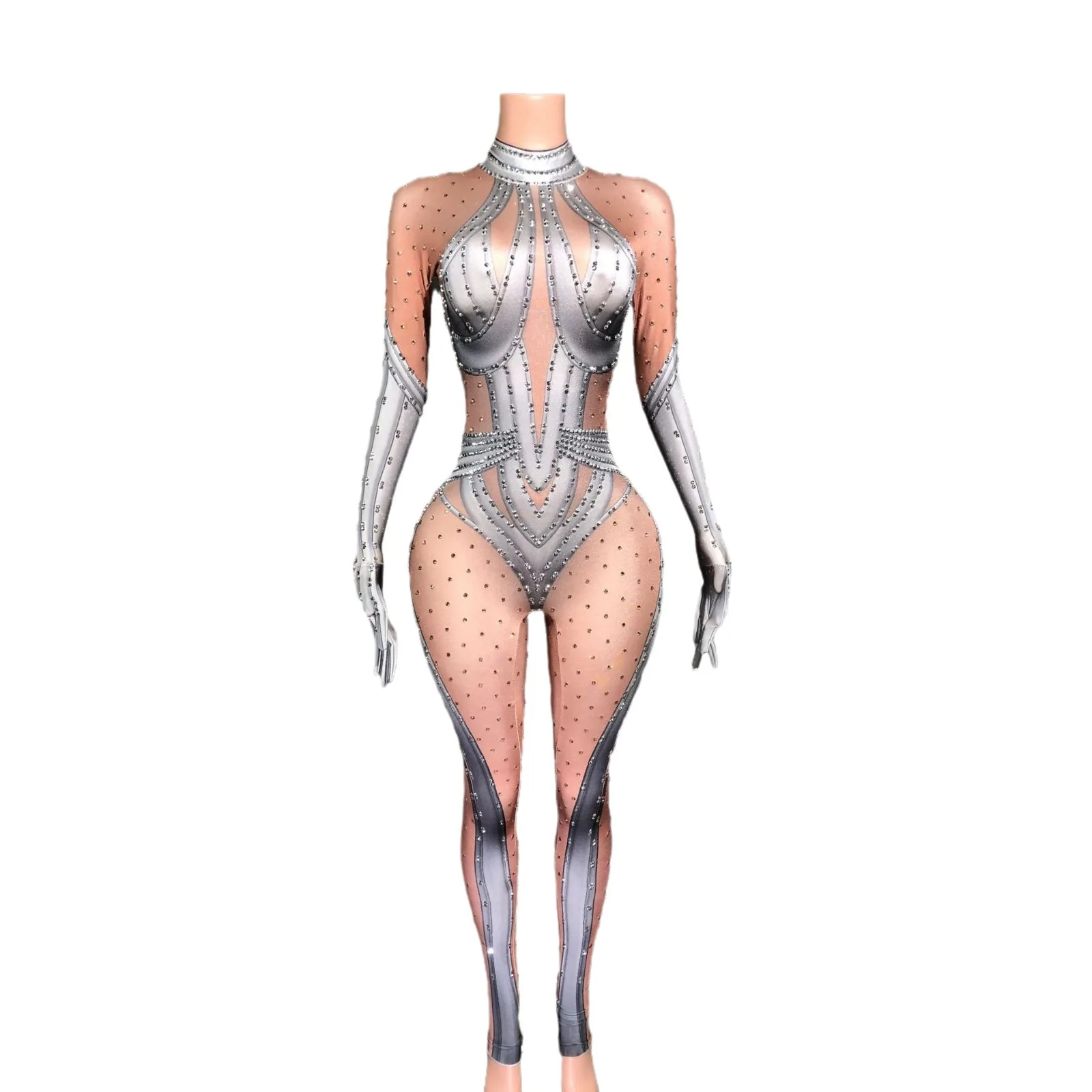 European and American long-sleeved rhinestones show thin party dance clothes sexy perspective onesies stage performance clothes