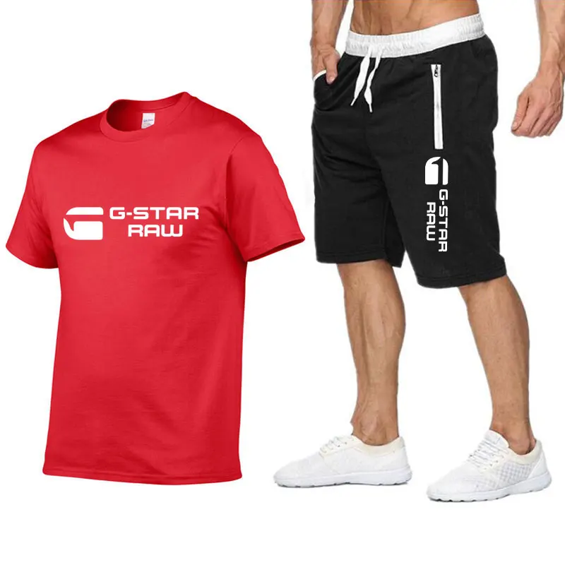 2024 Summer G-STAR RAW Print 100% bawełna Męskie koszulki z krótkim rękawem Zestaw garniturowy Moda rekreacyjna Jogging Zestaw na siłownię 2 szt. Zestaw z krótkim rękawem