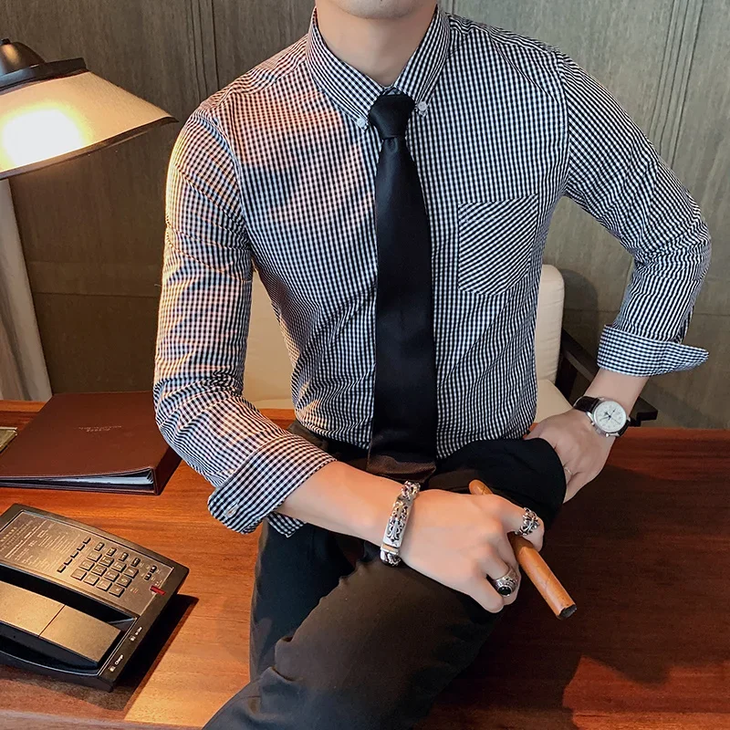 

Mens Plaid Shirt New High Quality British Style Long Sleeve Business Fashion Casual Pure Color Slim Mens Clothing Top Shirt