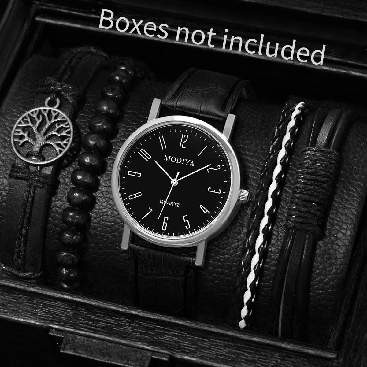 5pcs Men Business Quartz Watches Casual Round Watch Tree PU Leather Bracelets Set（Without Box）