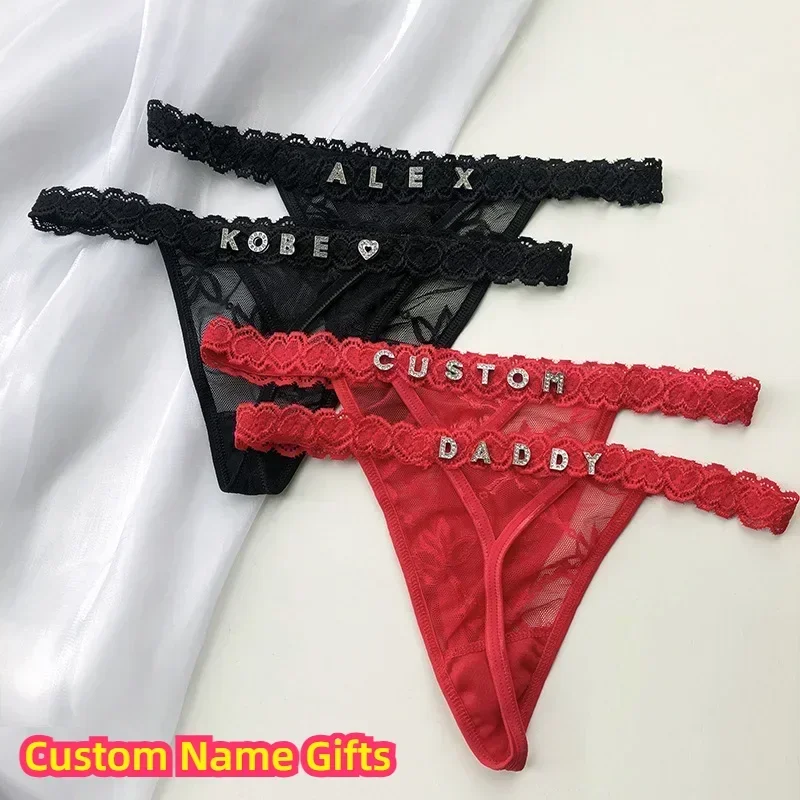 Custom Personalized Crystal Letters Name Thong Lovers Holiday Gift G-String Sexy Lace T-shaped Underwear Tanga Panties for Women