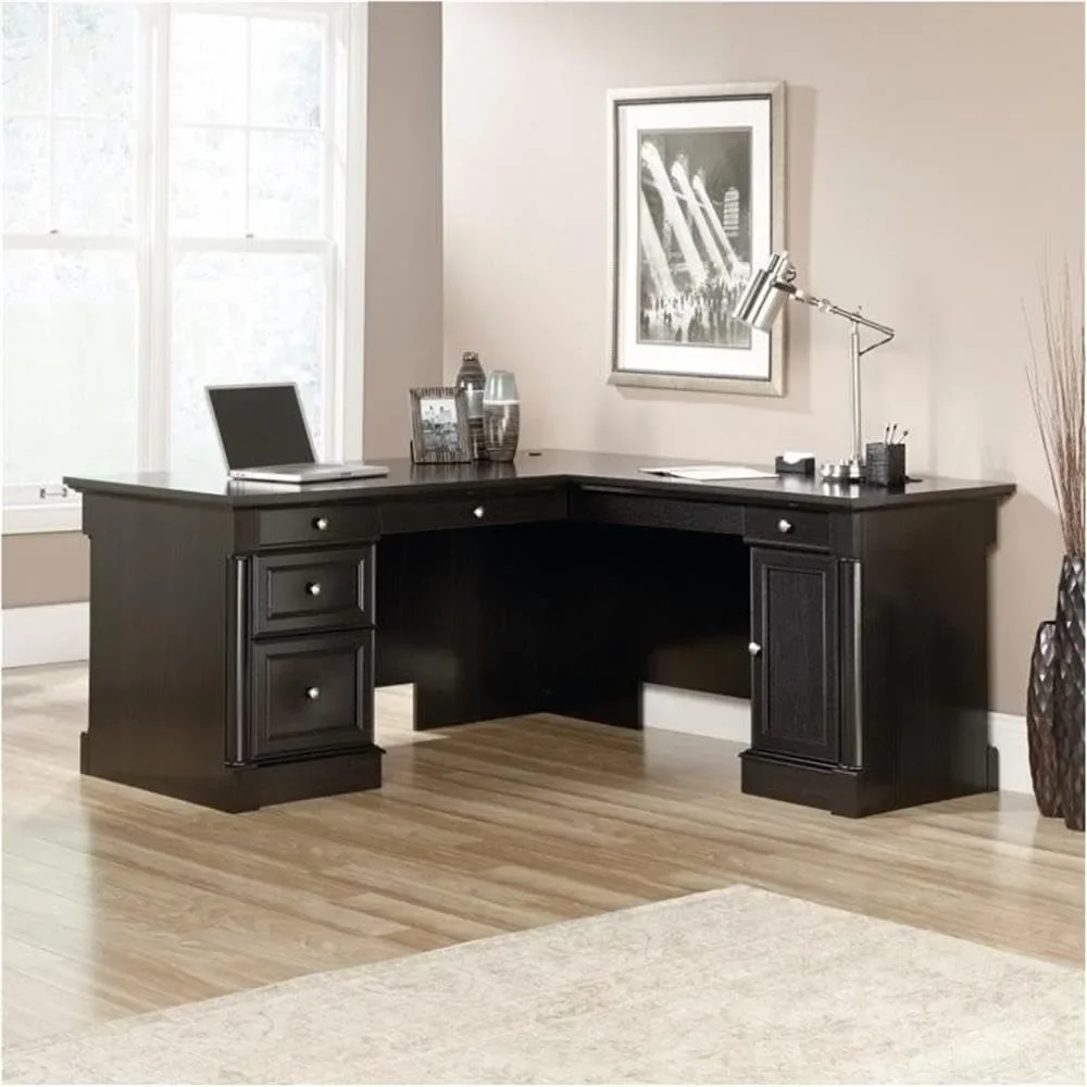 Contemporary Engineered Wood L-Shaped Computer Desk with 3 Drawers, Flip-Down Panel, Grommet Holes, for Office Space, in Wind