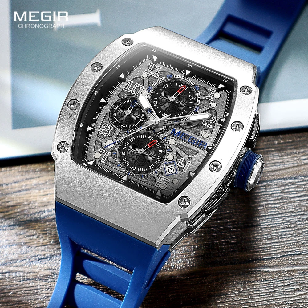 MEGIR Chronograph Quartz Watch for Men Luxury Stainless Steel Quartz Wristwatch with Luminous Hands Auto Date Blue Silicone Band