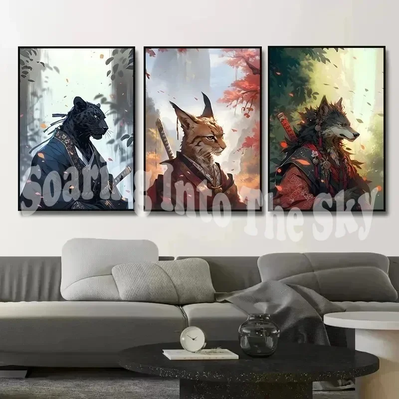 Japanese Samurai Wolf Panther Fox Cat Katana Posters Warrior Animals Print Canvas Painting for Living Room Wall Art Home Decor