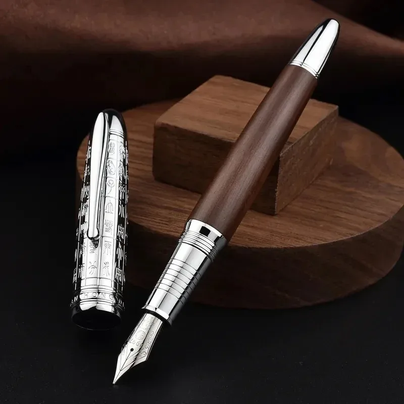 Hongdian Fountain Pen 6016 Natural Wood Retro Beautiful Sliver Oracle Cap EF/F Nib Brown Wooden Office Business Writing Gift Pen