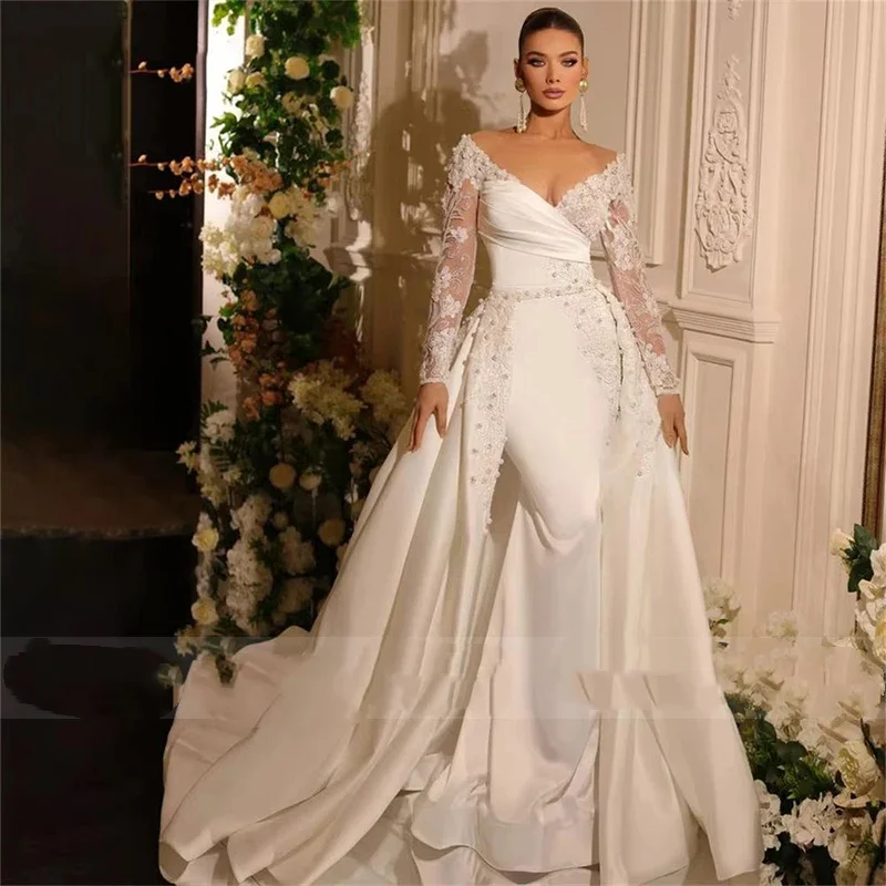 

Vinca Sunny Customized Detachable Train Wedding Dresses Satin Embroidered Ball Gown Mermaid V-Neck Bridedress Vestido De Novia