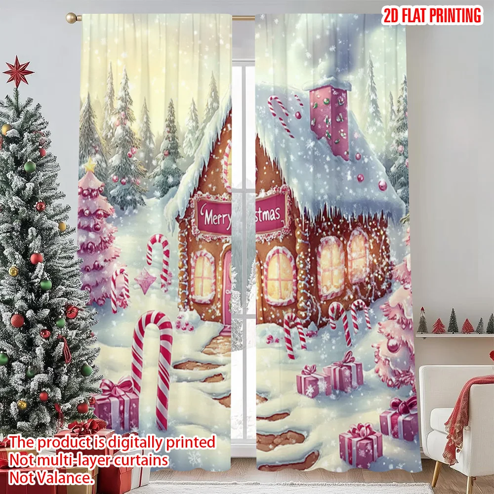 

2pcs 2D flat printing Christmas Scene Curtain Festive Christmas Village Versatile Polyester Fabric Without Electricity Festive