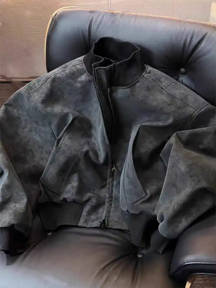 

Retro Hong Kong Sle Tie Dye Loose Fit Stand Collar Leather Jaet Women's Autumn Winter Faionable Small Size Biker Jaet...