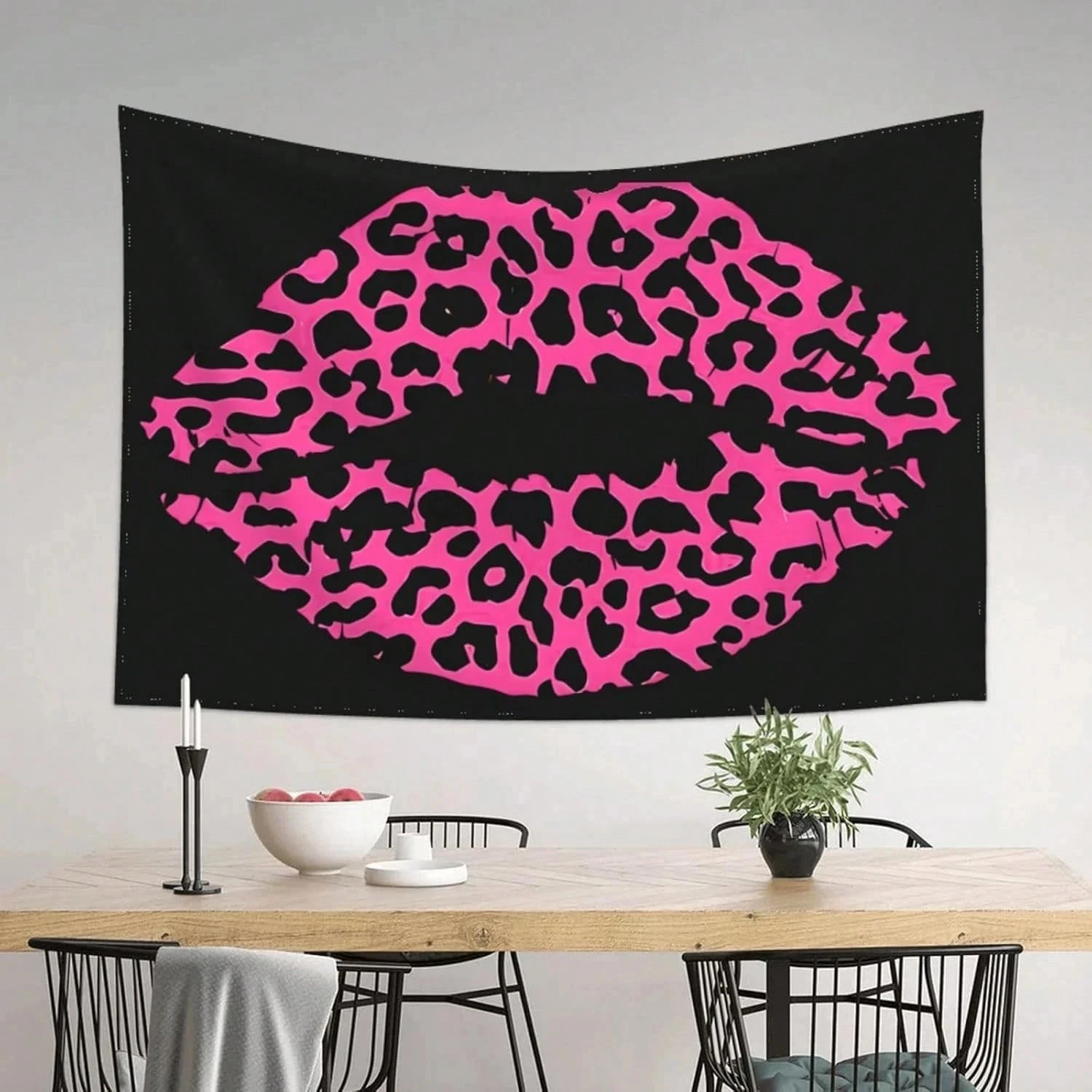 Pink Leopard Print Lips Tapestry Edgy Fashionable Wall Decor for Living Room Unique Glam Style High Quality Home Decor Accessory