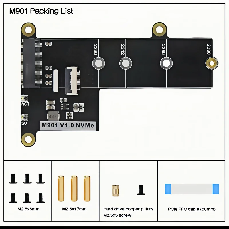 라즈베리 파이 5 용 M901 PCIe to M.2 NVMe SSD 보드 쉴드 HAT 2280 2260 2242 2230