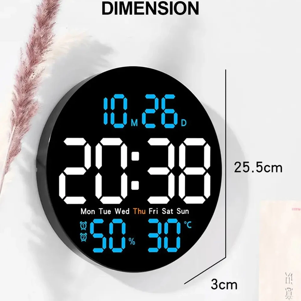 Remote Control 10 Inch Colorful Led Wall Calendar Clock for Home Decoration with Temperature Display and Dual Alarms