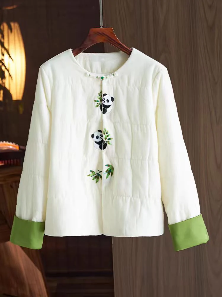 High end Silk+Velvet Panda Embroidered O-Neck Coat Women 2024 Winter New Chinese Style Contrast Color Cuff Cotton JacketS-XL