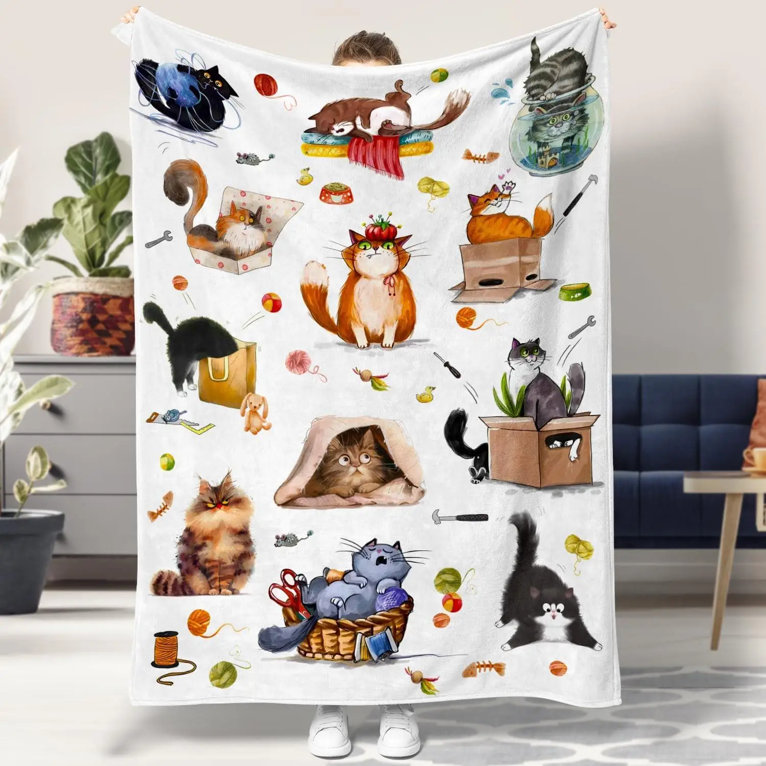 Whimsical Cat Illustration Throw Blanket Fuzzy Fleece Pet Lover Gift Home Art Couch Accent Throw for Cat Owners Nursery Decor