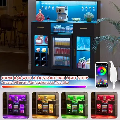 Mini Fridge Cabinet with Storage, Wine Bar Cabinets for Home with LED Light&Power Outlet, Coffee Bar Cabinet with Mini - view 6
