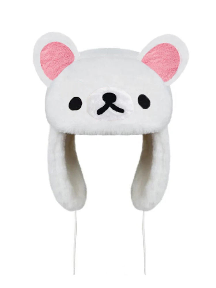 Fashion Winter Warm Bear Plush Ushanka White Hat Kawaii Cute Winter Hat For Women Girls Boys Kids Cartoon Anime Cap_