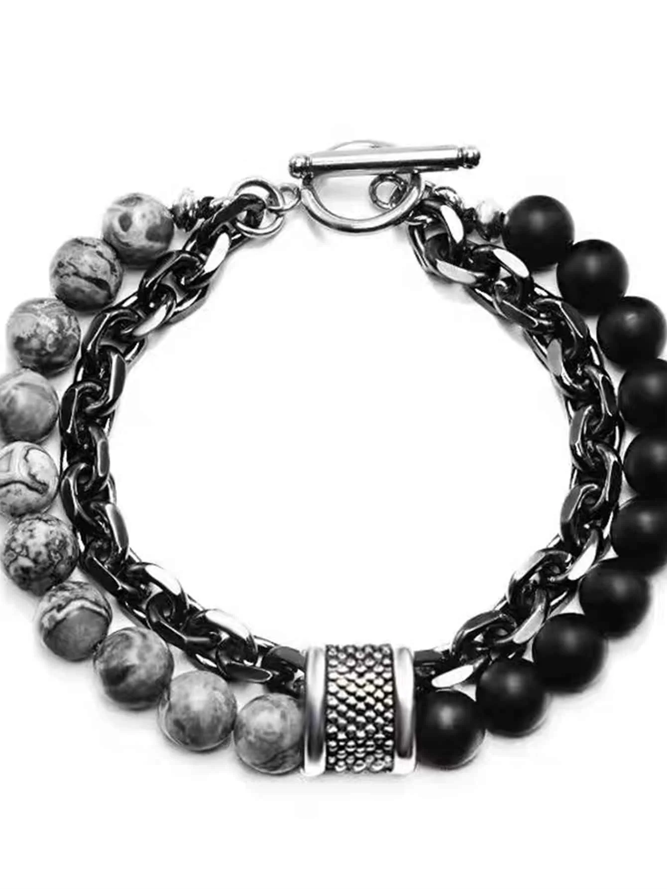 1 par de cuentas negras punk con cadena de cuentas de piedra natural, pulseras de doble capa, moda para hombres, vacaciones solteras, viajes, ocio