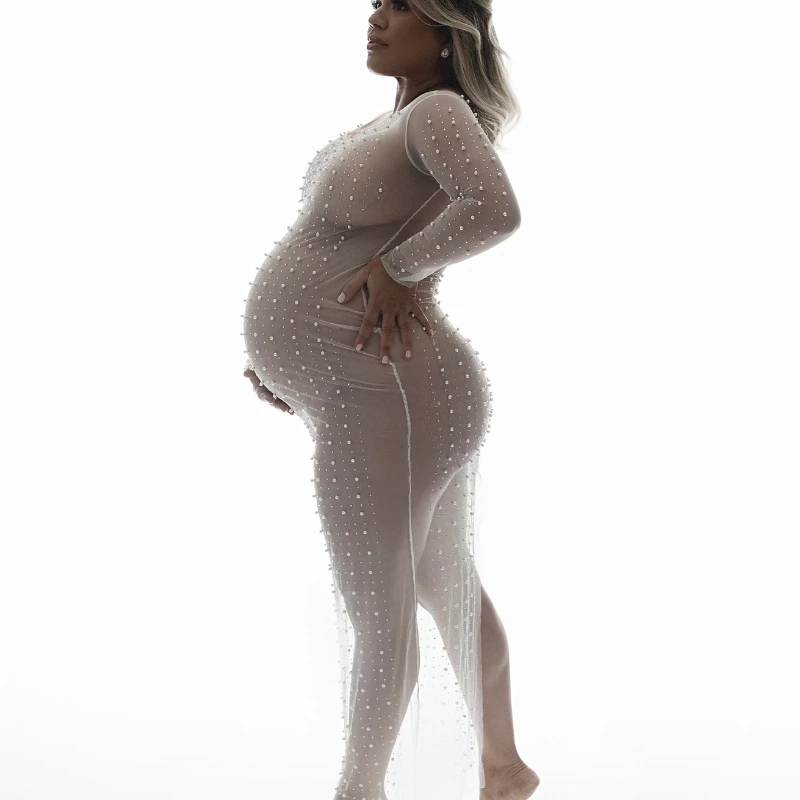 Sexy Black Maternity Photography Props Dresses Transparent Bright Pearl Lace Tulle for Pregnancy Women Photo Shoot Accessories view 3