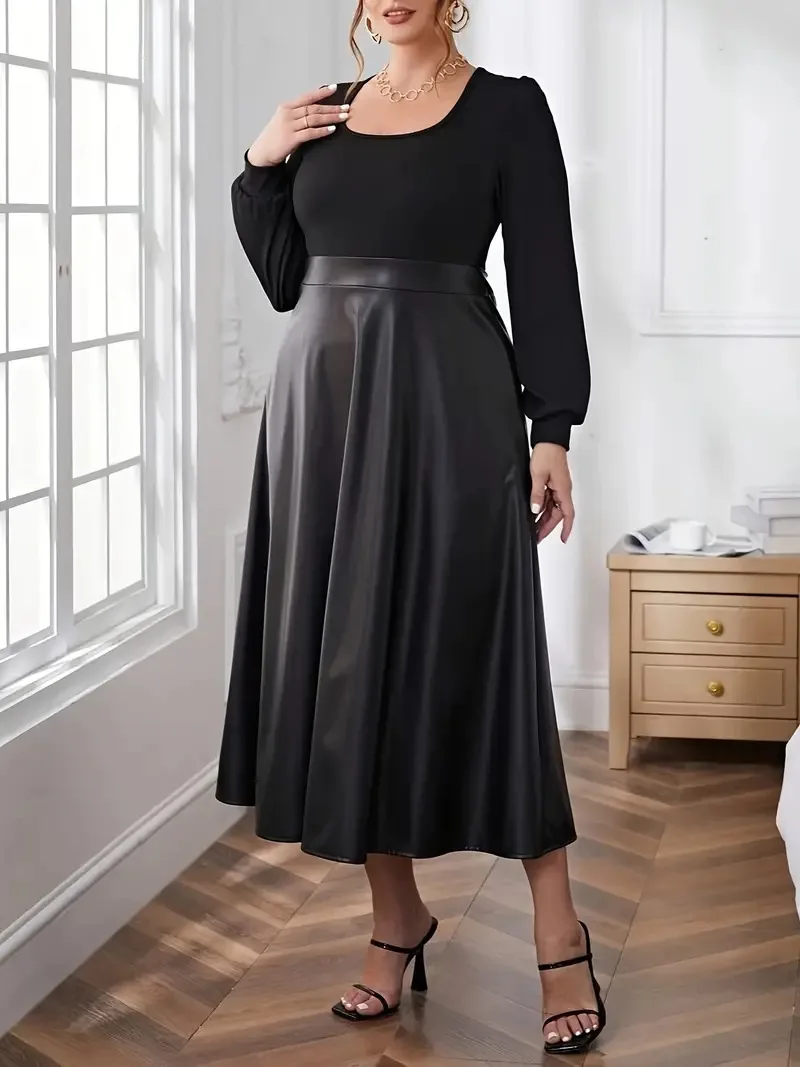 GIBSIE Plus Size Black Scoop Neck Leather Dress Women 2024 Autumn And Winter Lantern Sleeve Office Ladies Vintage Long Dresses