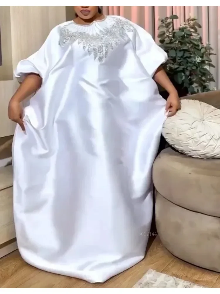 

African plus Size White Kaftan Dress with Sequin Embroidery Puff Sleeves Muslim Robe Wedding Party Djellaba Church Gown for Wome