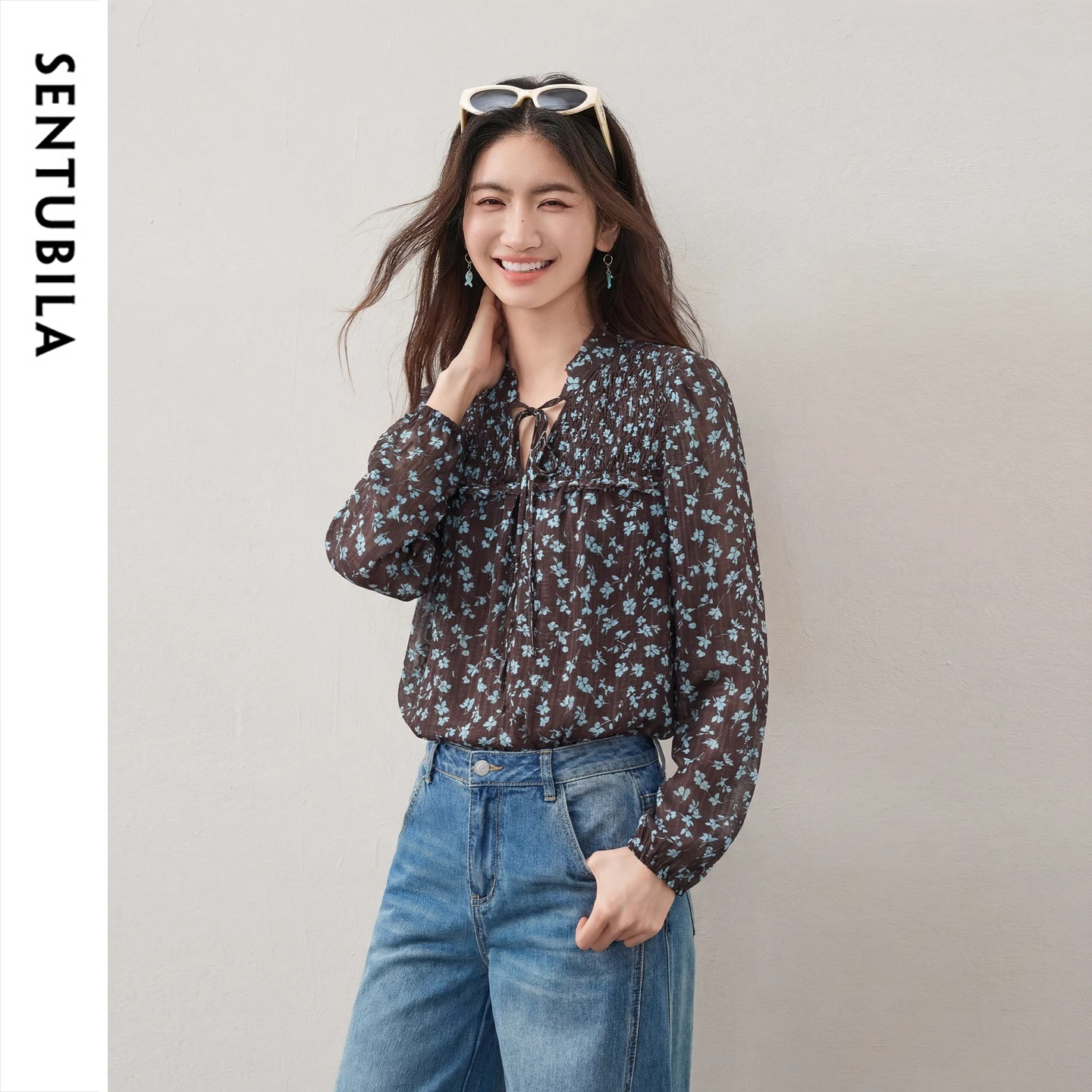 SENTUBILA Women Floral Chiffon Blouse 2026 Autumn Tie Stand Collar Lantern Long Sleeve Printed Elegant Ladies Tops 163VB7823
