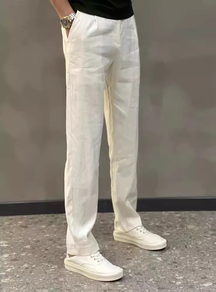 

Высококачественные комфортные чисто-белые прямые льняные спортивные повседневные брюки для мужчин: легкие, роскошные, тонкие, модные, летние