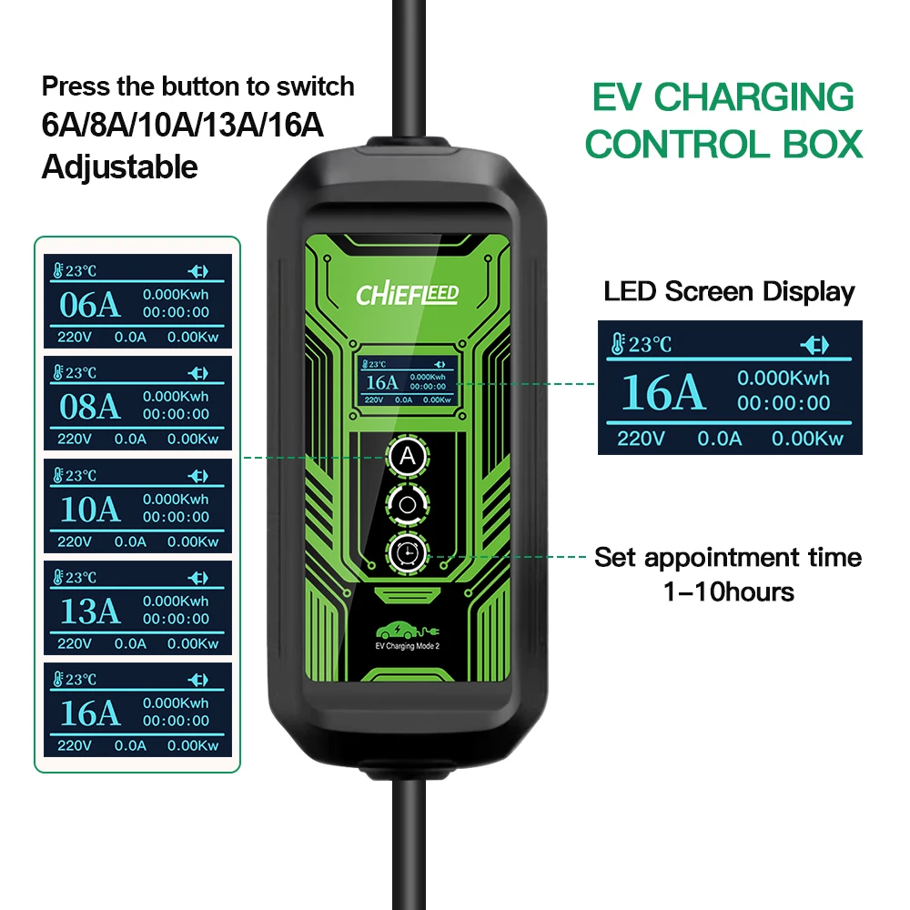 Chiefleed 16A 3.6kw Type2 EV Charger Schuko Plug 16A Adjustable 5m 220V~250V Smart Button IP67  Fast Charge