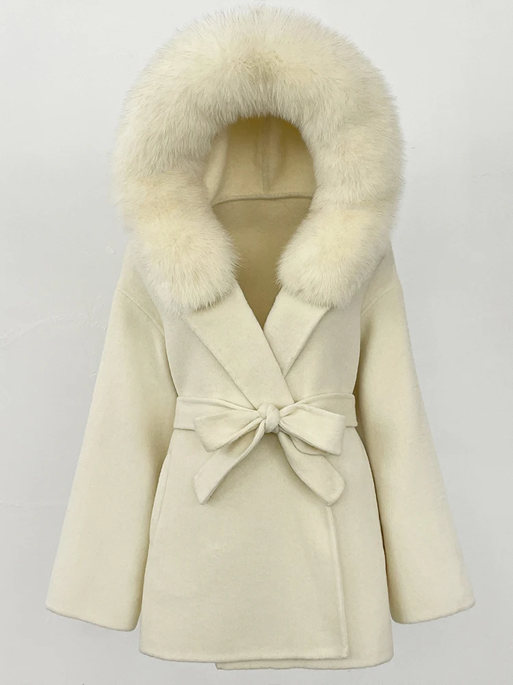 

2025 New Womens Winter Clothing Nautural Fox Fur Woolen Jacket Fashion Clothes Lady Hooded Commute Real Fur Wool Coat Female