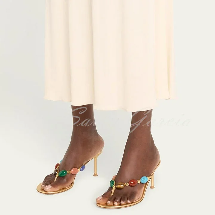 

Мюли женские на высоком каблуке, золотистые сандалии с открытым носком, украшенные камнями, металлик, кожа, туфли на шпильке, много цветов