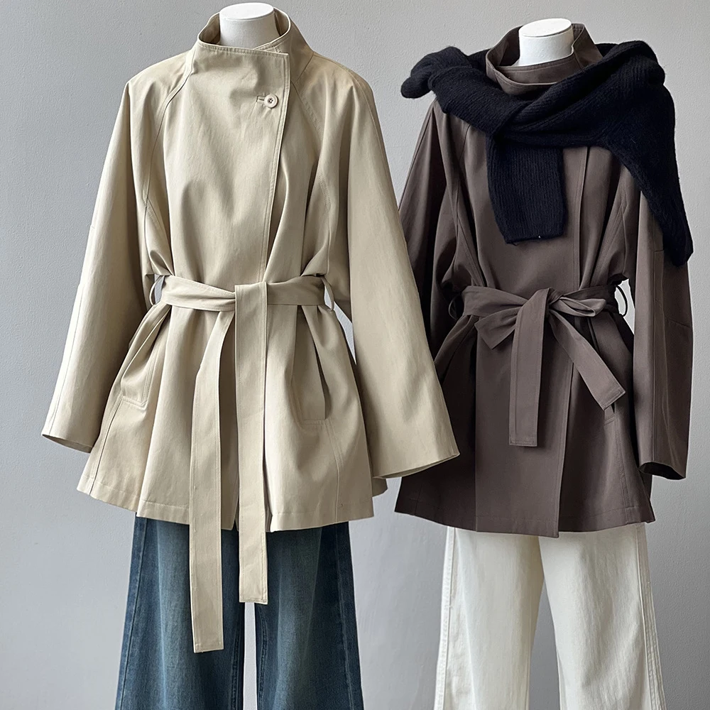 2024 Women Autumn Khaki Trench Coat Stand Collar Women Loose Style Coat With Belt Casaco Feminino New Trench Femme