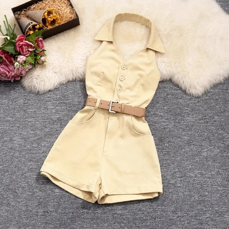 Temperament Jumpsuit 2026 Women's Clothing Single Breasted Tunic Rompers Sexy V-neck Sleeveless Playsuit Chic Summer Bodysuit