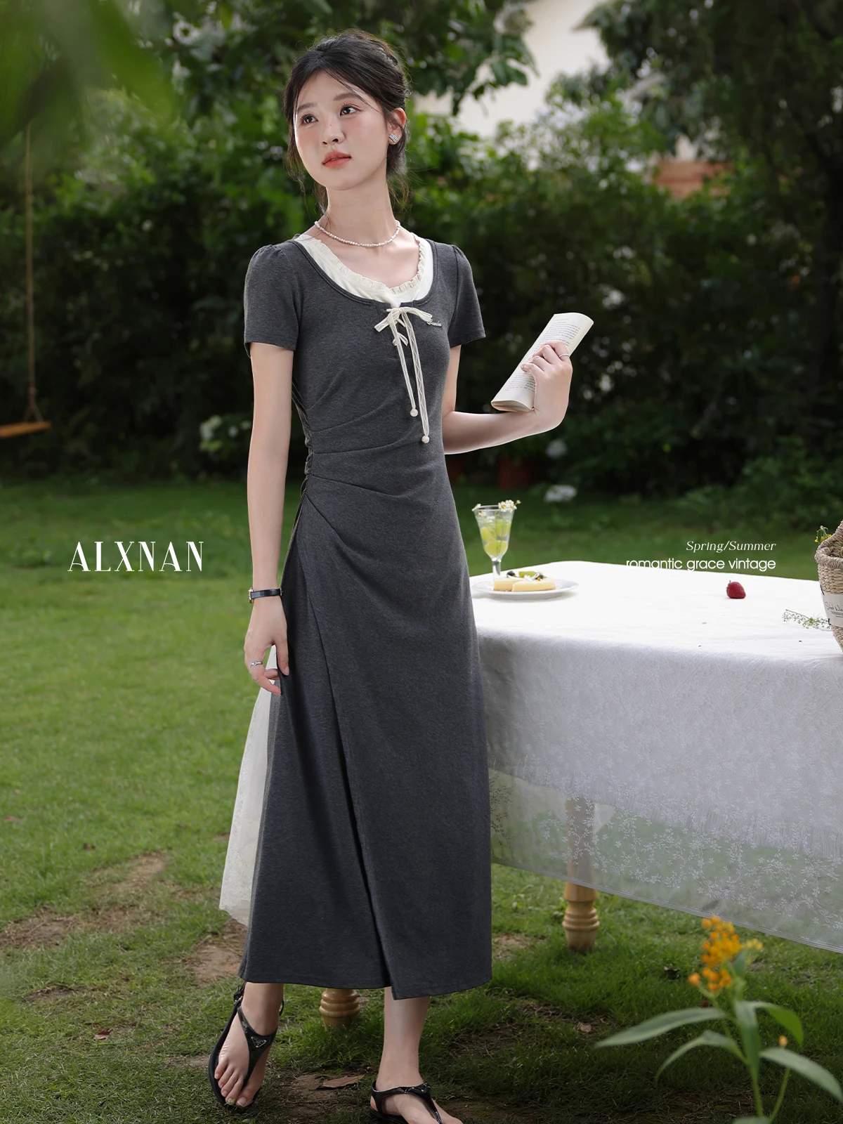 

ALXNAN Women's Gray Dress Long Pleated Slim-fit Elegant Casual Dress 2025 Summer Office Lady Short Sleeve Clothing Female L56026