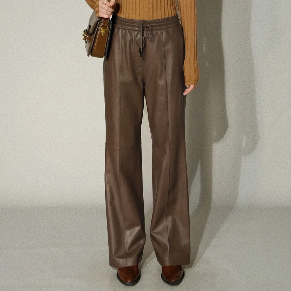 Tao Ting Li Na Genuine Leather Pants, Elastic Waist Drawstring Design, Slim Long Sheepskin Wide-leg Pants